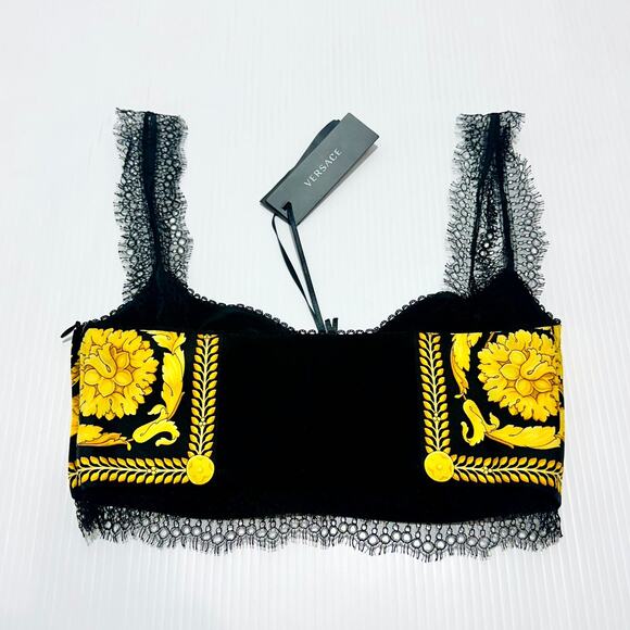 NWT Versace Silk Bralette Crop Top 38 US 2 XS Black Barocco Lace-Trimmed $1,190 - Picture 8 of 13